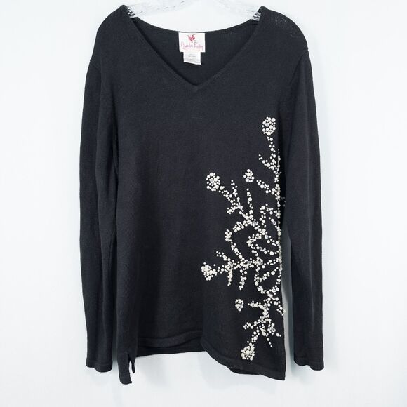 Quacker Factory Pearl Snowflake V Neck Sweater Womens Medium Black Ramie Cotton - Picture 1 of 16